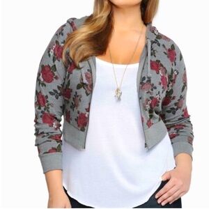 Torrid Grey & Floral Zip Front Cropped Hoodie, size 2X
